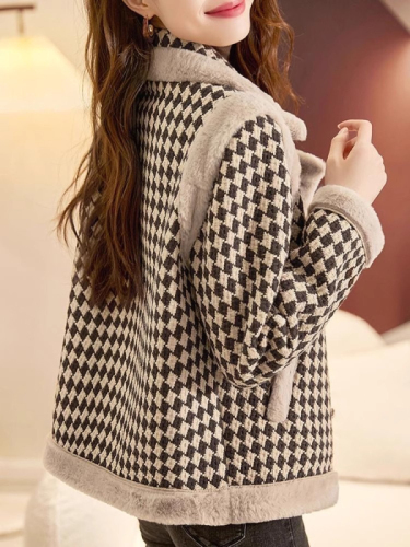 Winter small fragrant style cotton coat, fashionable Korean style plaid cotton coat plus velvet and thickened foreign style woolen loose top for women