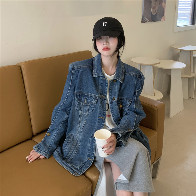 Retro street-style wide version shoulder pads, right-angle shoulders, mid-length denim jacket for women, ins trend