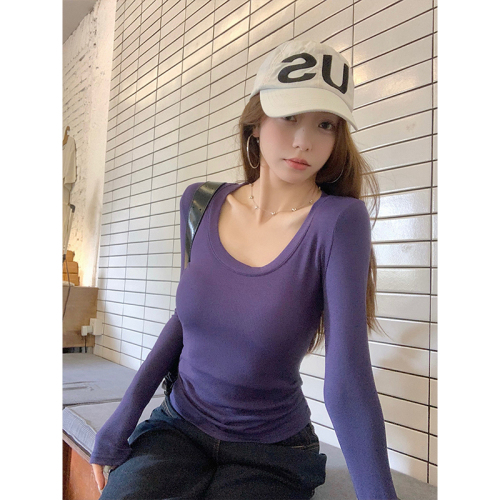 Early autumn pure lust hottie scheming bottoming shirt U-neck white long-sleeved T-shirt spring and autumn top