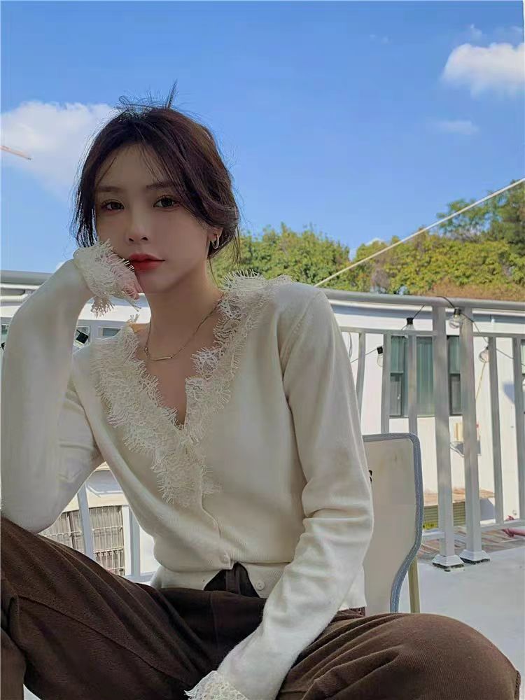 蕾絲v領針織衫女開衫毛衣春秋冬設計感獨特别致短款上衣打底衫女