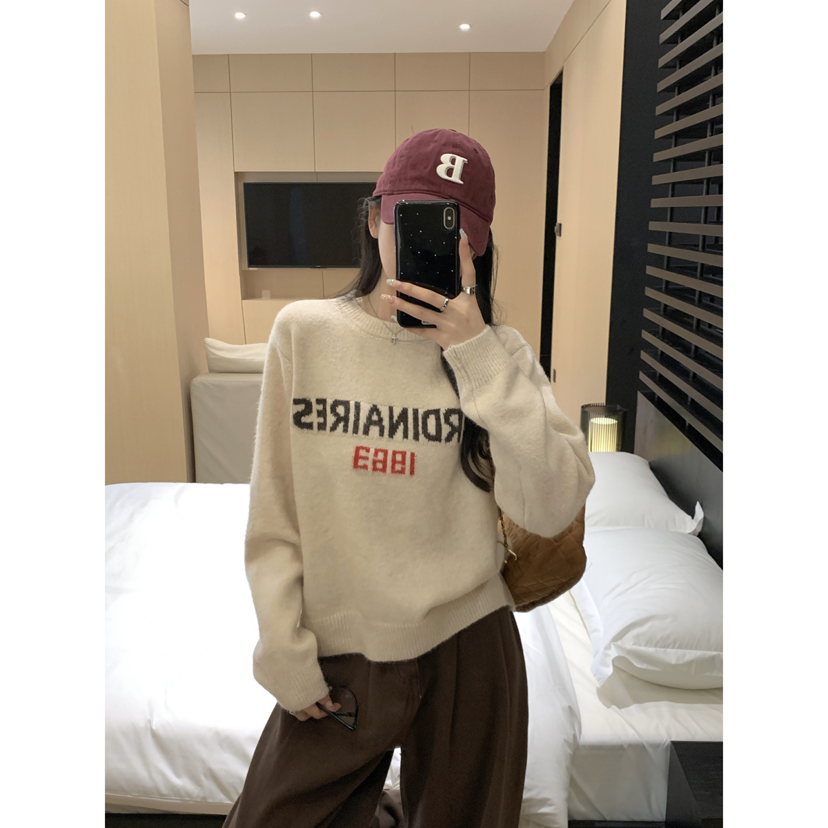 Photographed Korean Version Versatile Letter Quilted Fox Knit Sweater Top for Layering Long Sleeve T-shirt