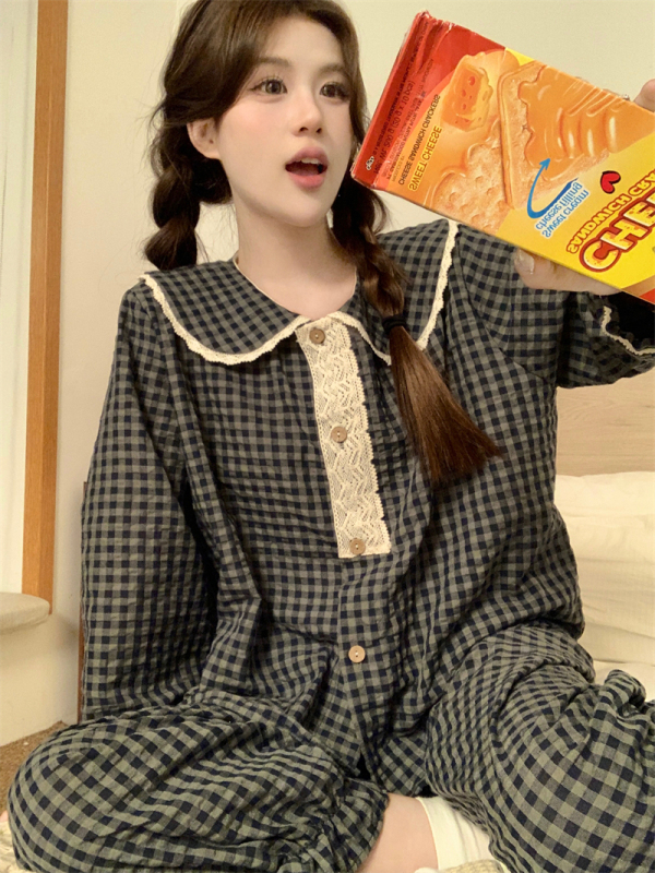 Korean style sweet loose baby doll collar lace casual cotton breathable walking wear home wear pajamas