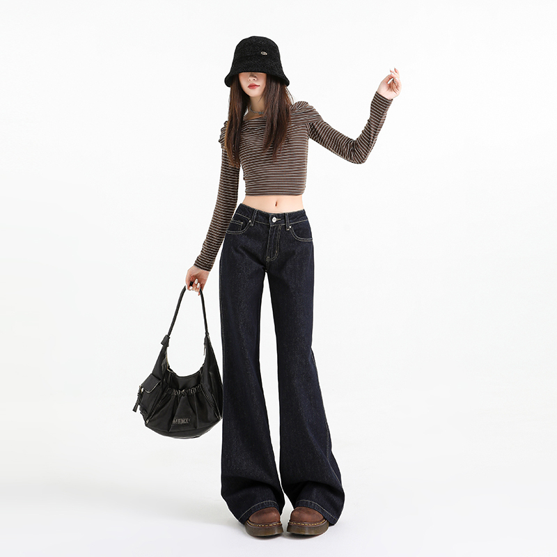 American Retro Hot Girl Low-Waist Loose Flared Jeans Autumn and Winter Versatile Flared Floor-Mopping Jeans for Women