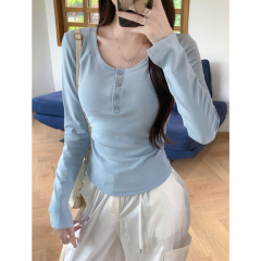 Real shot 1*1 threaded German velvet 270g autumn and winter U-neck top button waist bottoming shirt for women