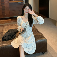 Long-sleeved floral dress for women spring and autumn 2024 new design niche hot style short skirt with temperament for small people
