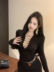 Sexy pure lust royal sister style hollow strap long-sleeved sweater bottoming top