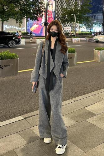 Liixu high-end V-neck streamer woolen suit jacket women's autumn casual straight pants two-piece set solid color