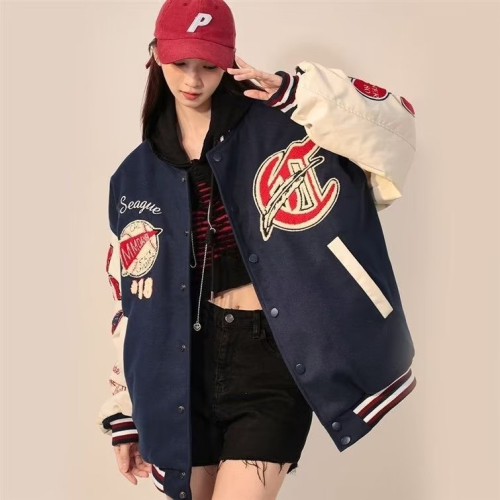 Original method American woolen patchwork leather towel embroidered high street baseball uniform women's autumn and winter jacket