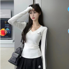 Official picture 260g rayon 2*2 American V-neck letter embroidered T-shirt for women niche contrasting stripes inner wear