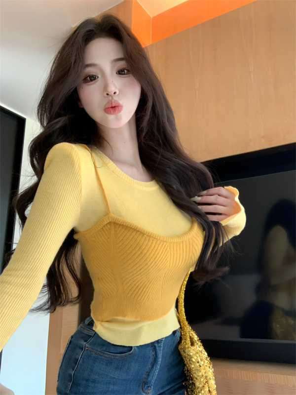 Pure lust hottie round neck fake two-piece long-sleeved knitted bottoming new slim fit sweater top