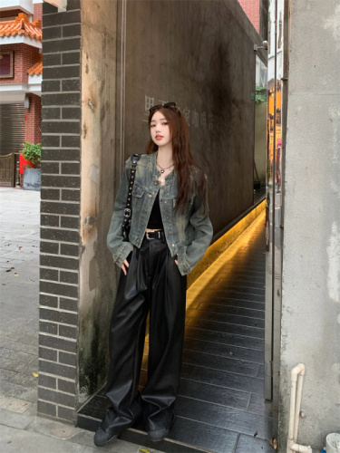 Retro stand-up collar, right shoulder denim, sweet and sexy hot girl short jacket + casual and versatile leather trousers for women