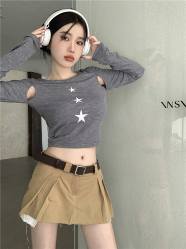 Actual shot ~ Textured T-shirt for women, autumn new style, short design, niche, slim, high-end, long-sleeved top