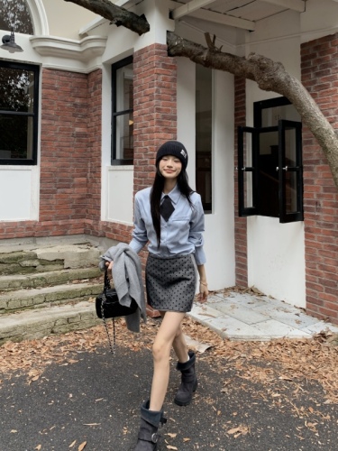 Korean college style gray round neck knitted cardigan + shirt + polka dot skirt suit for women