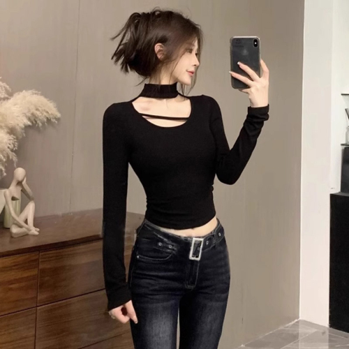 Official picture Pure lust style halter neck slim bottoming shirt for women spring and autumn new long sleeve inner wear right shoulder T-shirt top