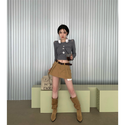 Actual shot ~ Textured T-shirt for women, autumn new style, short design, niche, slim, high-end, long-sleeved top