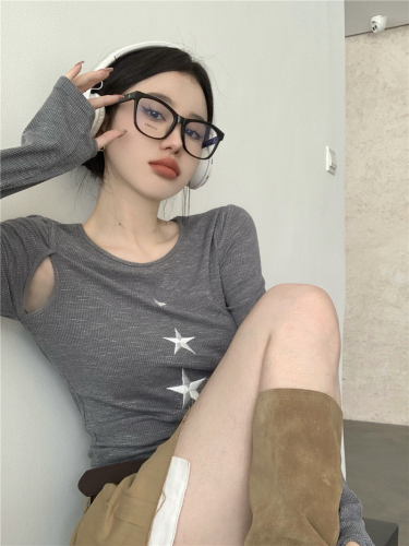 Actual shot ~ Textured T-shirt for women, autumn new style, short design, niche, slim, high-end, long-sleeved top