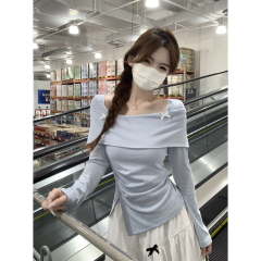 Actual shot of autumn and winter Korean version of Pure Desire one-word square neck bow pleated design long-sleeved inner T-shirt top for women