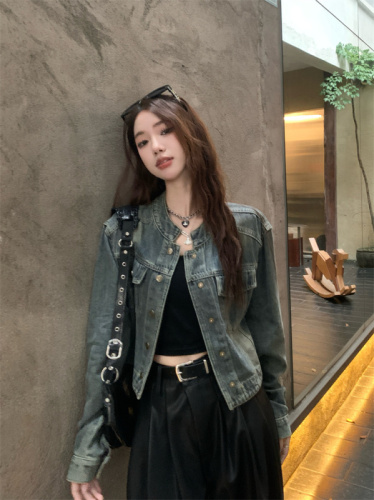 Retro stand-up collar, right shoulder denim, sweet and sexy hot girl short jacket + casual and versatile leather trousers for women