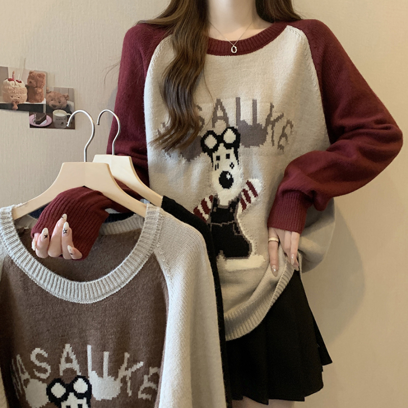 New Autumn and Winter Cartoon Pattern Loose and Versatile Knitted Sweater Women's Large Size Color Blocking Single Top