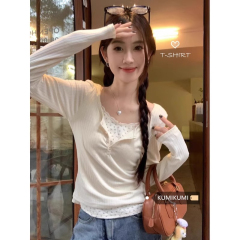 Designed small floral fake two-piece long-sleeved T-shirt for women in autumn and winter apricot color inner slim-fitting bottoming shirt short top