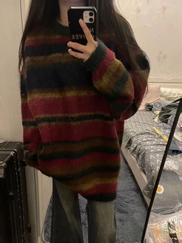 American retro contrast color striped soft waxy sweater for women, new design for autumn and winter, lazy style loose sweater