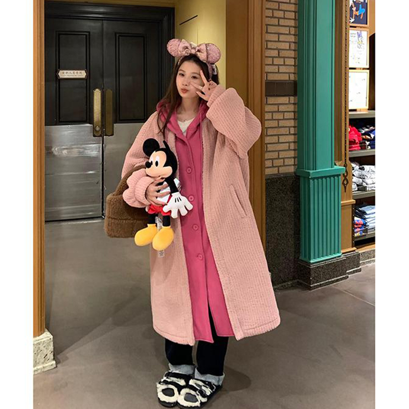 Fake two-piece hooded contrasting color sherpa coat for women winter lazy loose plus velvet thickened long coat new style