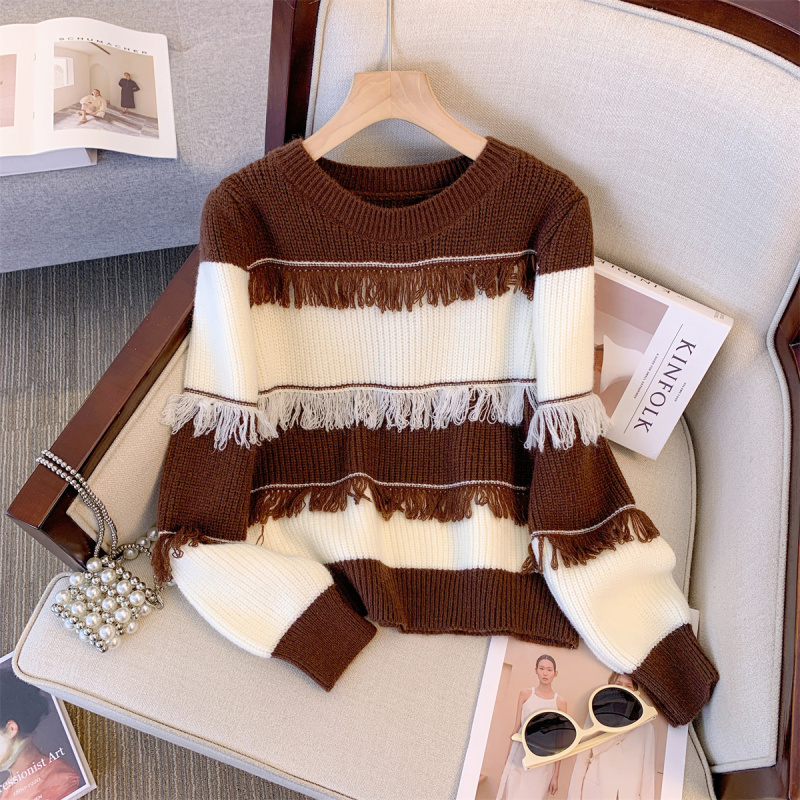 New heavy-duty design tassel round-neck sweater for women in autumn and winter, Korean version, soft and waxy, lazy style, long-sleeved outer wear