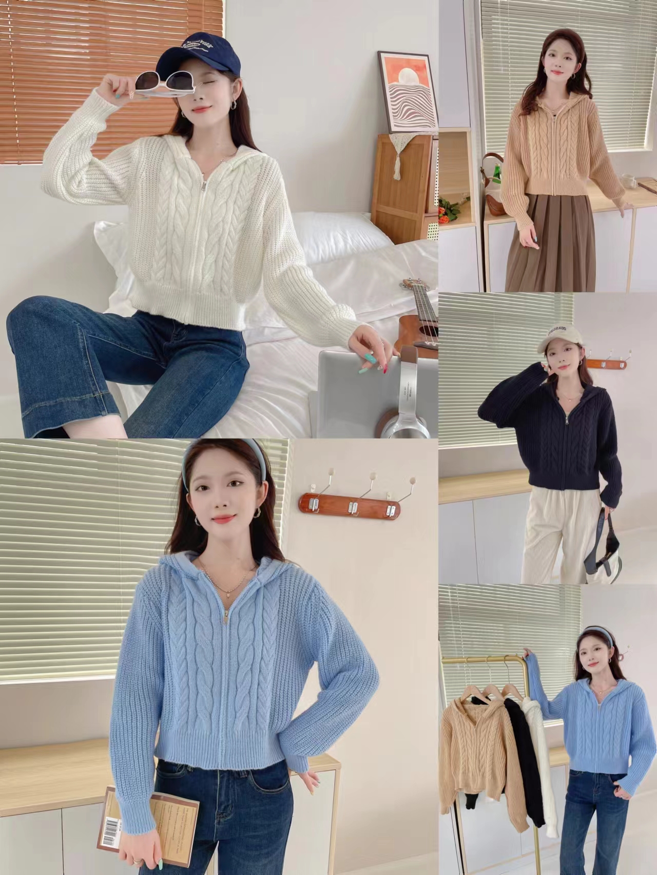 Korean chic zipper hooded knitted cardigan women's new design niche short top jacket