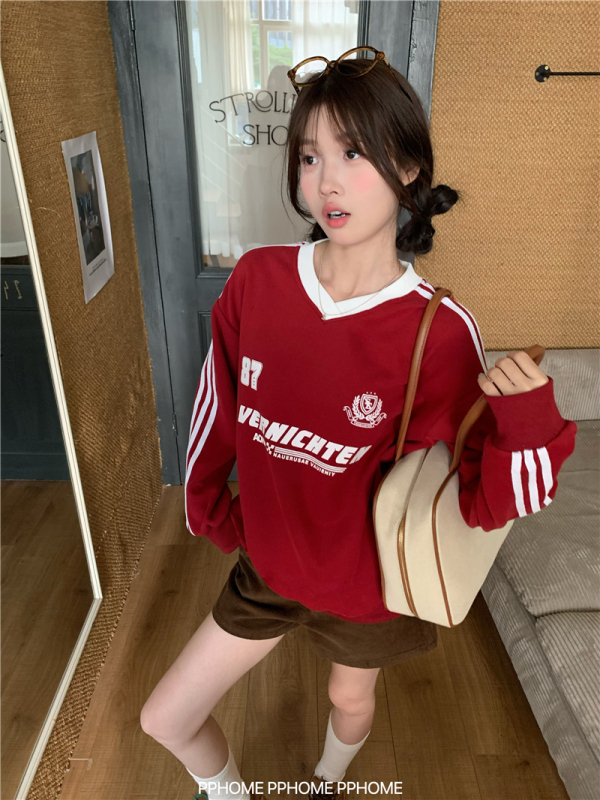 Retro contrast V-neck slim, loose and versatile baseball uniform sweatshirt top