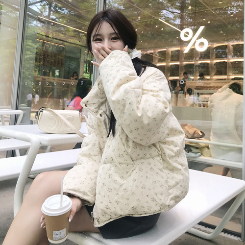 Korean pastoral style small floral down cotton coat for women 2024 stand collar small person cotton coat winter coat