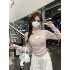 Actual shot of autumn and winter Korean style half open collar button contrast fake two piece drawstring slim long sleeve inner T-shirt top