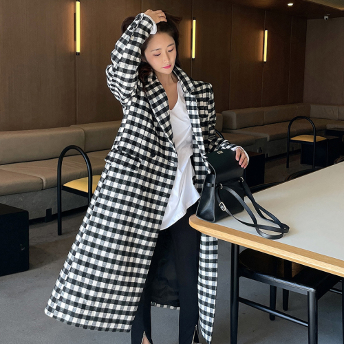 Original long tartan coat women's autumn and winter over-the-knee woolen coat thickened quilted