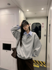 Retro striped lapel stitching fake two-piece sweatshirt loose and versatile long-sleeved Polo top