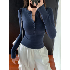 American half open collar right shoulder mid-sleeve T-shirt for women 2024 new hot girl chic slim fit top
