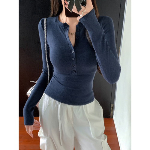 American half open collar right shoulder mid-sleeve T-shirt for women 2024 new hot girl chic slim fit top