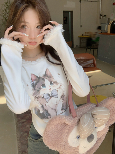 DeRong sweet lace fungus cat print top autumn 2024 new slim fit long-sleeved T-shirt