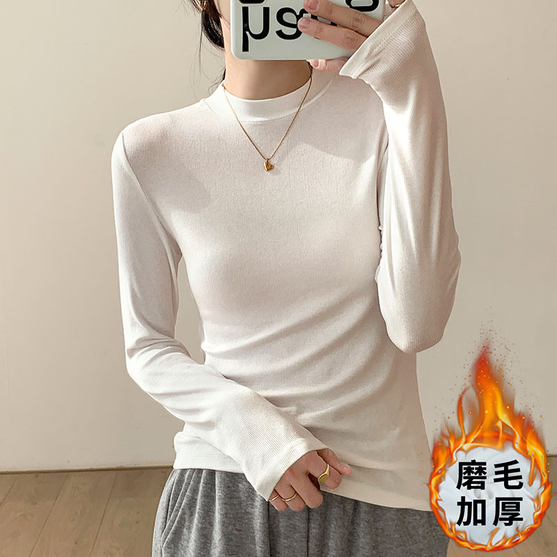 White long-sleeved t-shirt for women, spring, autumn and winter solid color suit, small stand-up collar brushed bottoming shirt