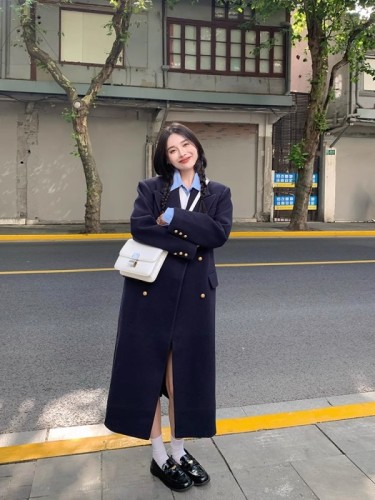 Navy blue overcoat shoulder temperament woolen coat for women retro college British style mid-length woolen coat