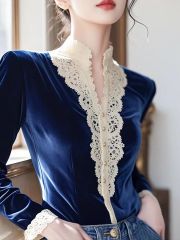 Women's 2024 Winter Blue Lace Velvet Shirt, Unique and Beautiful French Style, Ideal as a Top or Base Layer