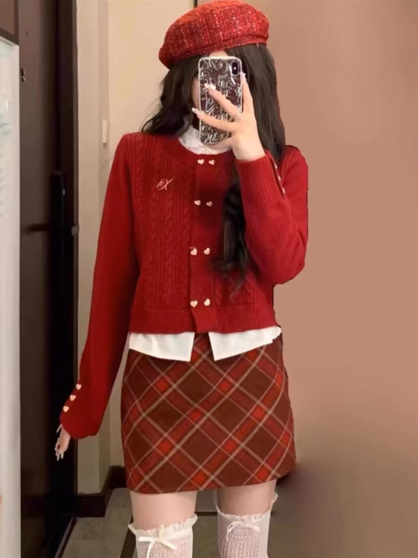 Special offer#sheepmere#French style small fragrant fake two-piece sweater tops for women autumn and winter Christmas New Year red sweater
