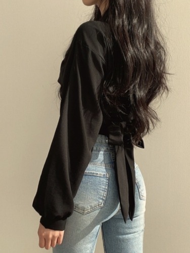 French chic summer French niche design back tie bow knot exposed navel short shirt top for women