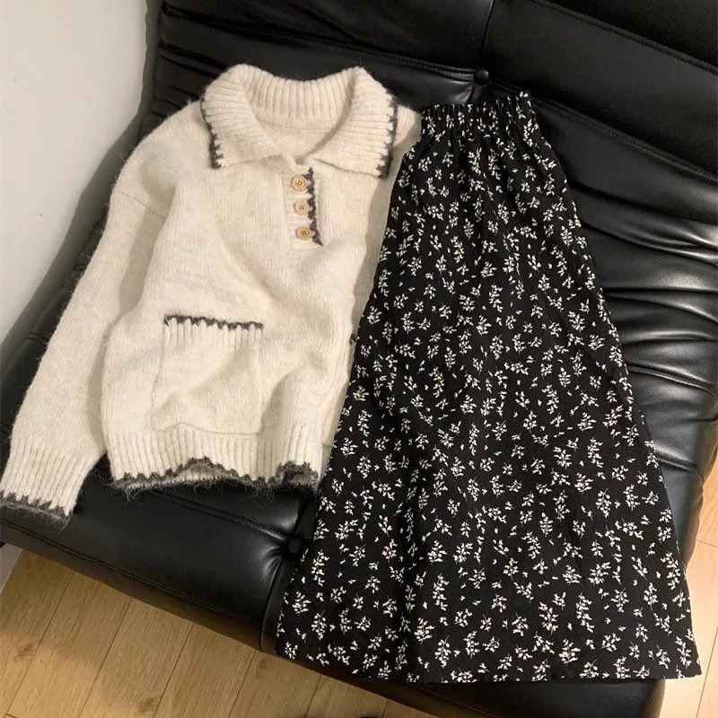 Japanese sweet contrast color lace POLO collar sweater autumn new style lazy casual versatile retro sweater