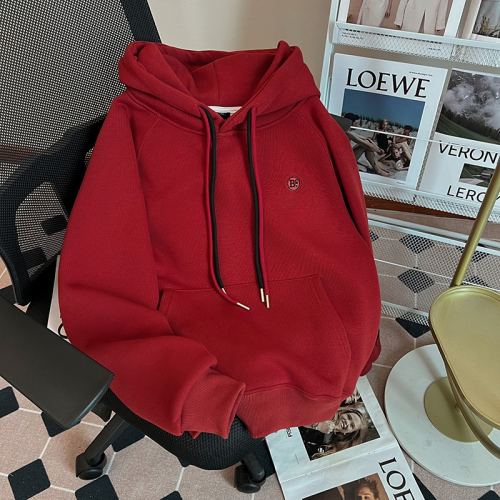 Real shot of Chinese cotton composite true super plus velvet sweatshirt for women autumn and winter short embroidered hooded top plus size women's 200 pounds