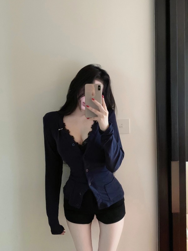 Pure desire navy blue V-neck cardigan design long-sleeved top feminine lace suspender two-piece set