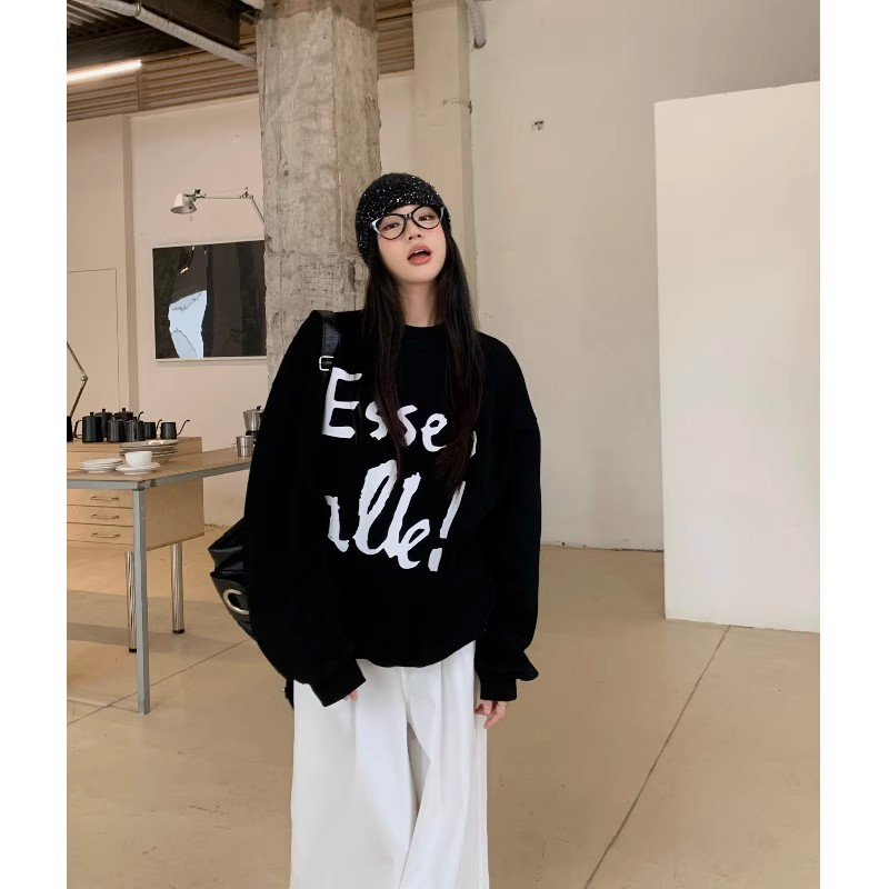 Pure cotton retro letter printed black sweatshirt for women in spring and autumn loose casual lazy style mid-length hooded top