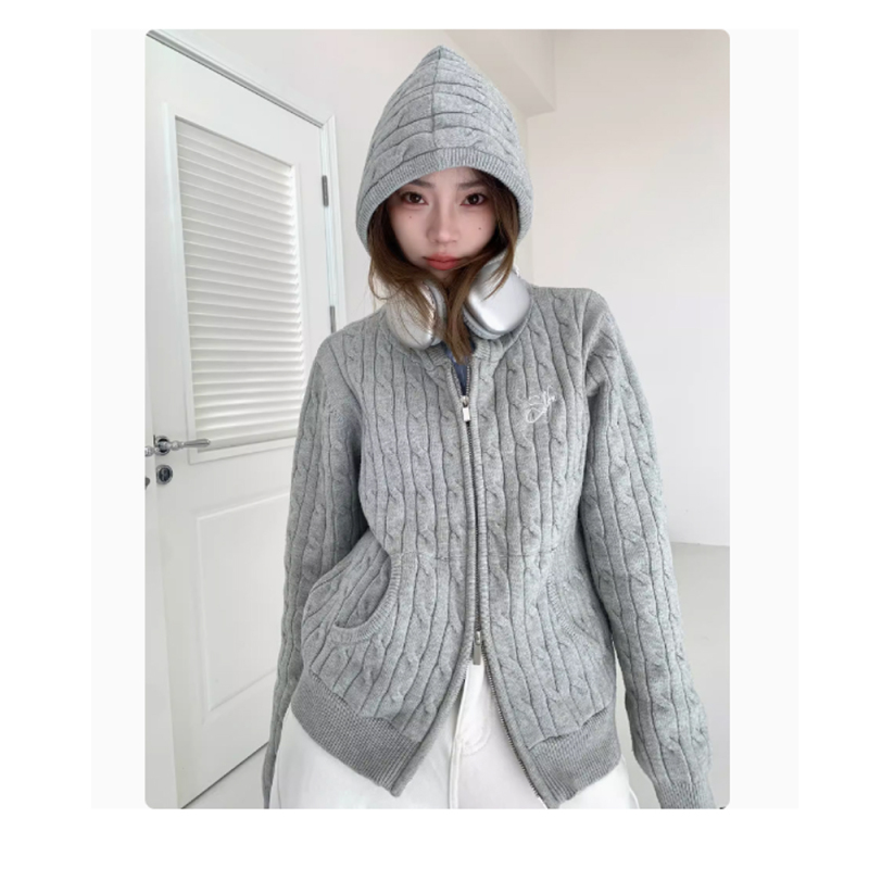 SHALIFORNIA Basic knitted hooded embroidered zipper short top casual youthful American style