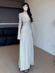 Tea Croissant Long Version Long Woolen Dress Stylish Waist Slim Autumn and Winter Style