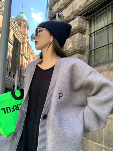 South Korea's Dongdaemun new retro lazy loose long-sleeved knitted cardigan letter embroidered sweater jacket for women