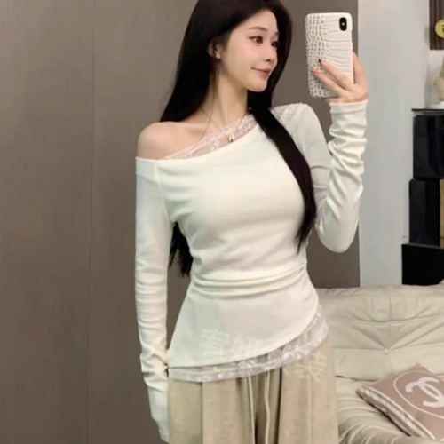 Modal rayon 260 original method lace oblique shoulder long-sleeved T-shirt women 2024 early autumn hot girl sexy top