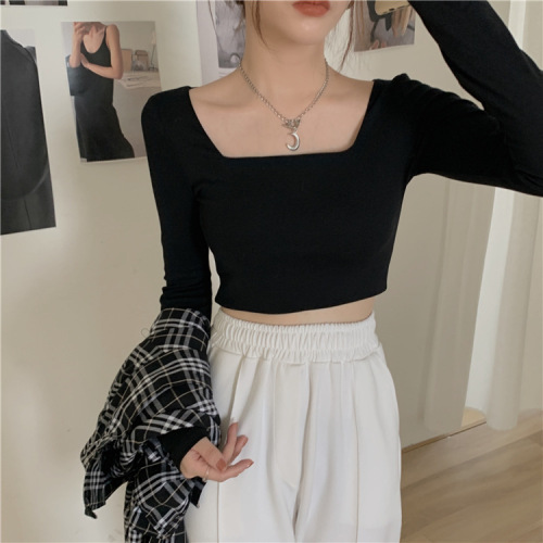 #squareneck short top women's autumn new slim fit bottoming shirt long sleeve T-shirt for women